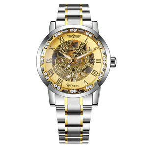 WINNER Official Luxury Mechanical Watches Mens Blue Dial Iced Out Skeleton Watch Stainless Steel Strap Classic Dress Wristwatch