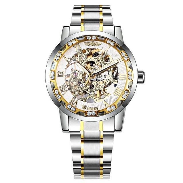 WINNER Official Luxury Mechanical Watches Mens Blue Dial Iced Out Skeleton Watch Stainless Steel Strap Classic Dress Wristwatch