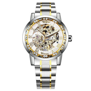 WINNER Official Luxury Mechanical Watches Mens Blue Dial Iced Out Skeleton Watch Stainless Steel Strap Classic Dress Wristwatch