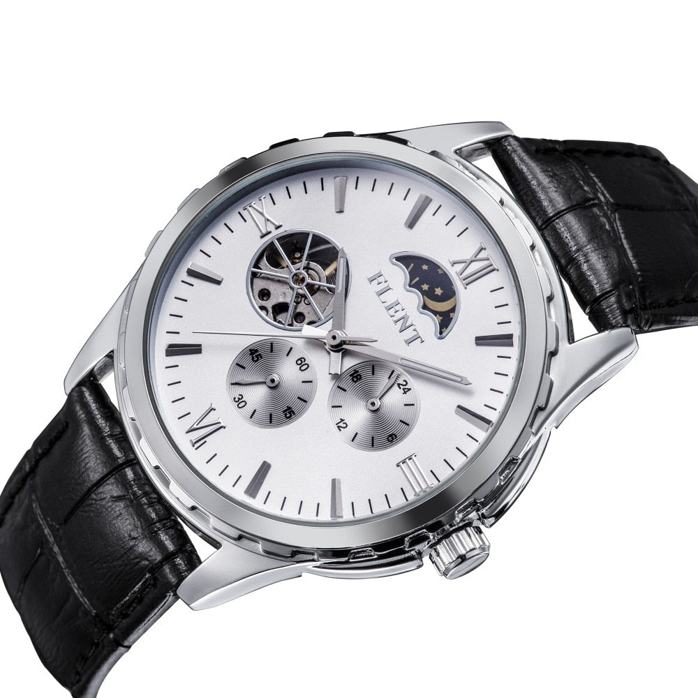 Men's Classical Elegant Leather Strap Automatic Mechanical Watches Moon Phase Second Hand Analog Wrist Watch
