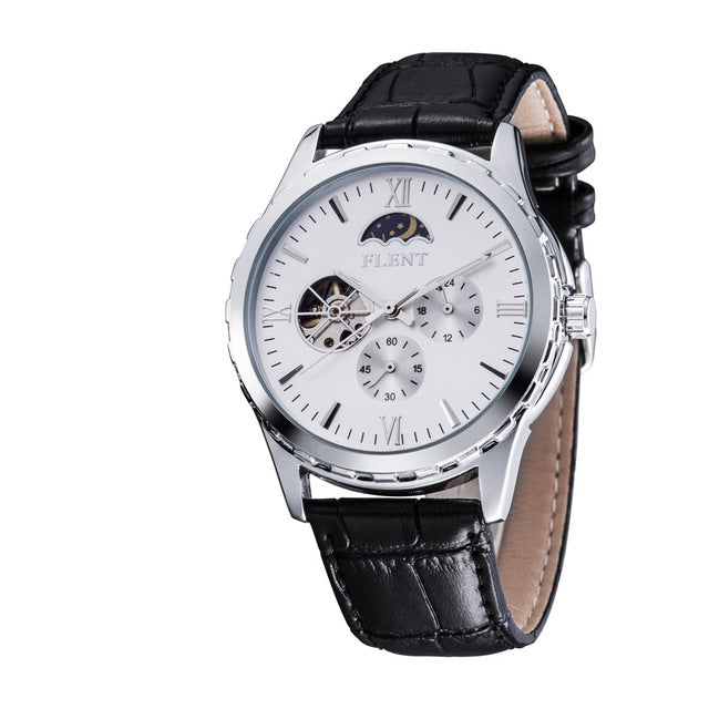Men's Classical Elegant Leather Strap Automatic Mechanical Watches Moon Phase Second Hand Analog Wrist Watch