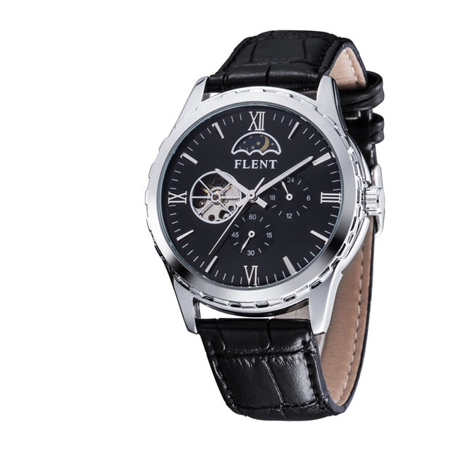 Men's Classical Elegant Leather Strap Automatic Mechanical Watches Moon Phase Second Hand Analog Wrist Watch
