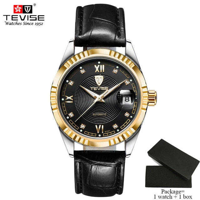 TEVISE Luxury Automatic Mechanical Watches Men Self Wind Stainless Steel and Leather Band Luminous Auto Date Wristwatches 629