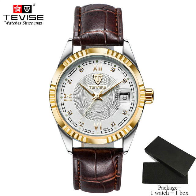 TEVISE Luxury Automatic Mechanical Watches Men Self Wind Stainless Steel and Leather Band Luminous Auto Date Wristwatches 629