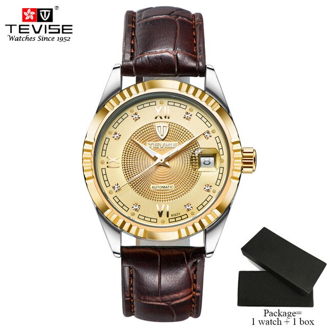TEVISE Luxury Automatic Mechanical Watches Men Self Wind Stainless Steel and Leather Band Luminous Auto Date Wristwatches 629
