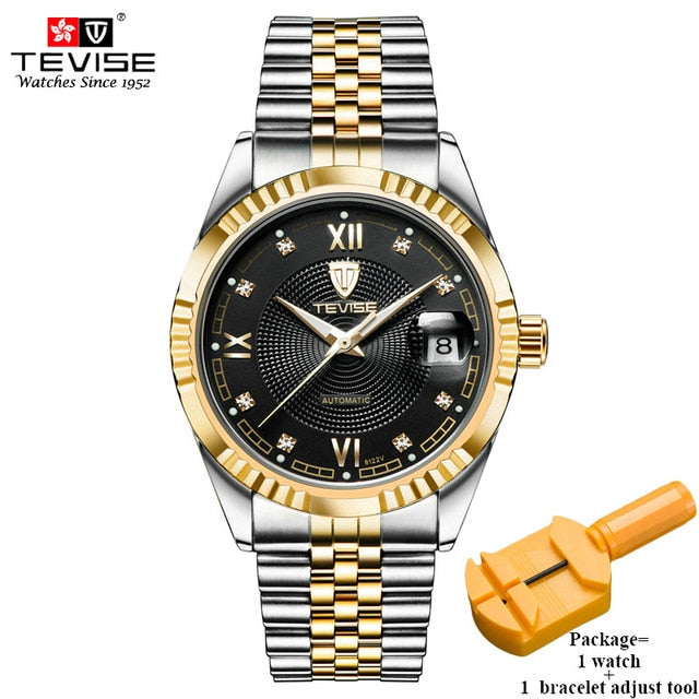 TEVISE Luxury Automatic Mechanical Watches Men Self Wind Stainless Steel and Leather Band Luminous Auto Date Wristwatches 629