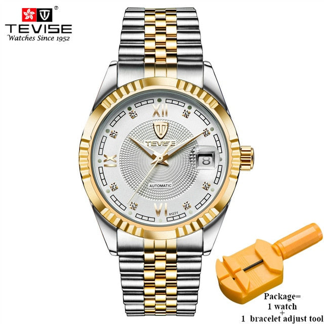 TEVISE Luxury Automatic Mechanical Watches Men Self Wind Stainless Steel and Leather Band Luminous Auto Date Wristwatches 629