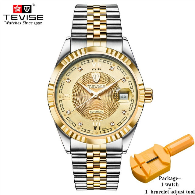 TEVISE Luxury Automatic Mechanical Watches Men Self Wind Stainless Steel and Leather Band Luminous Auto Date Wristwatches 629