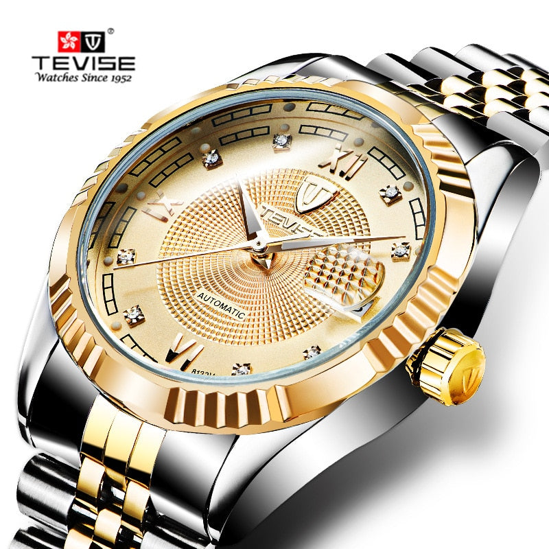 TEVISE Luxury Automatic Mechanical Watches Men Self Wind Stainless Steel and Leather Band Luminous Auto Date Wristwatches 629