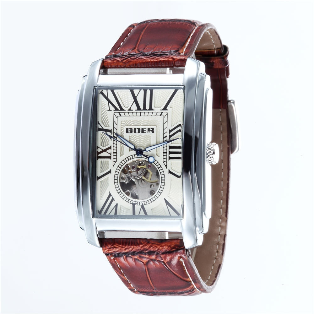 Relogio Masculino  Top Brand Luxury Skeleton Watches Men Leather Band Rectangle Automatic Mechanical Wrist Watches For Men  GOER