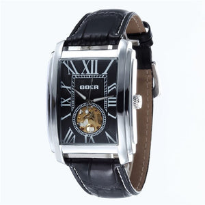 Relogio Masculino  Top Brand Luxury Skeleton Watches Men Leather Band Rectangle Automatic Mechanical Wrist Watches For Men  GOER