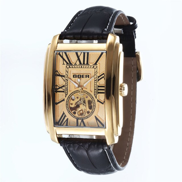 Relogio Masculino  Top Brand Luxury Skeleton Watches Men Leather Band Rectangle Automatic Mechanical Wrist Watches For Men  GOER