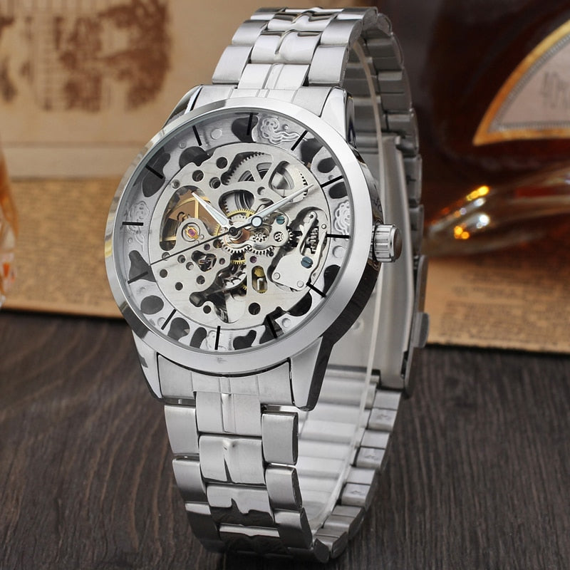 Men's Watch Gold Full Stainless Steel Transparent Automatic Mechanical Watch Skeleton Steampunk Clock Men Relogio Masculino 2019