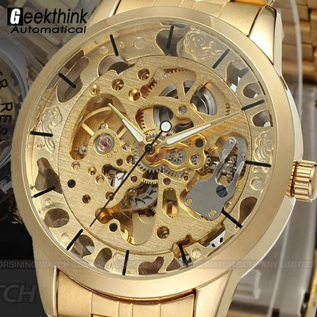 Men's Watch Gold Full Stainless Steel Transparent Automatic Mechanical Watch Skeleton Steampunk Clock Men Relogio Masculino 2019