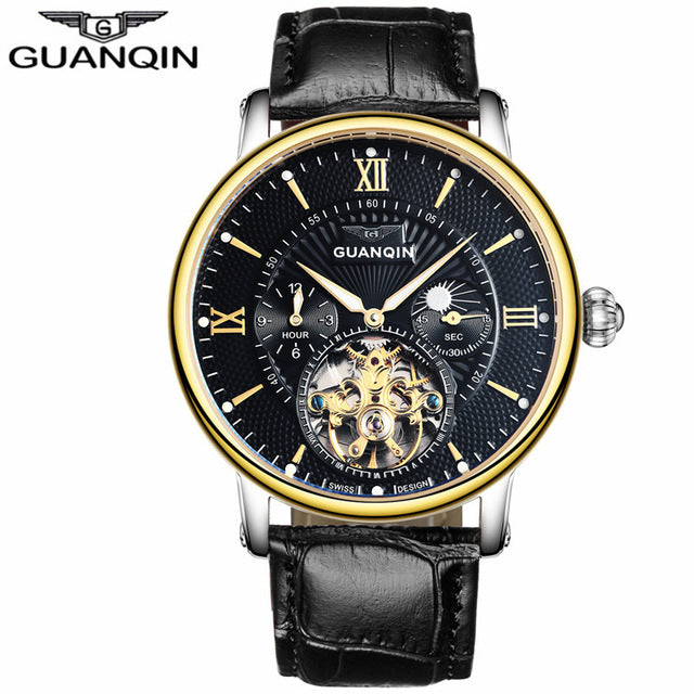 2018 Fashion GUANQIN Mens Watches Top Brand Luxury Skeleton Watch Men Sport Leather Tourbillon Automatic Mechanical Wristwatch
