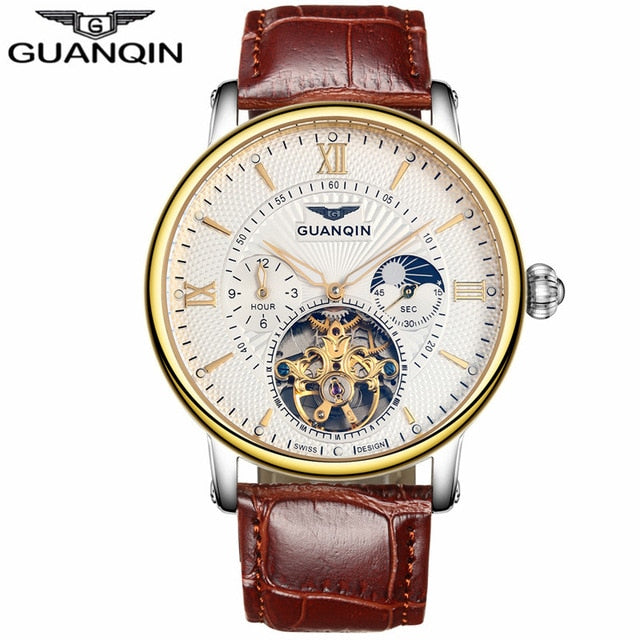 2018 Fashion GUANQIN Mens Watches Top Brand Luxury Skeleton Watch Men Sport Leather Tourbillon Automatic Mechanical Wristwatch