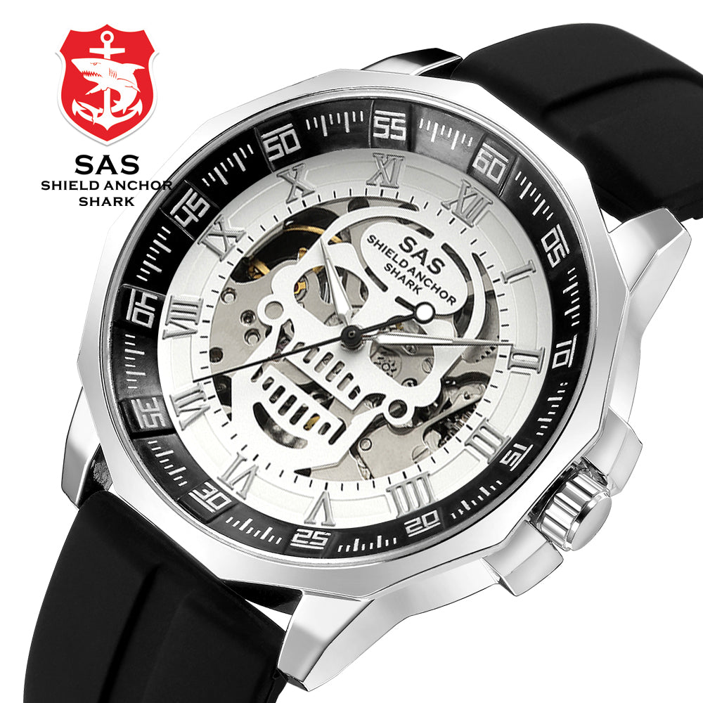 Shark Sports Watch Men Fashion 3D Skull Design SAS Shield Anchor Vintage Mechanical Watches Silicone Strap Skeleton Wirst Watch