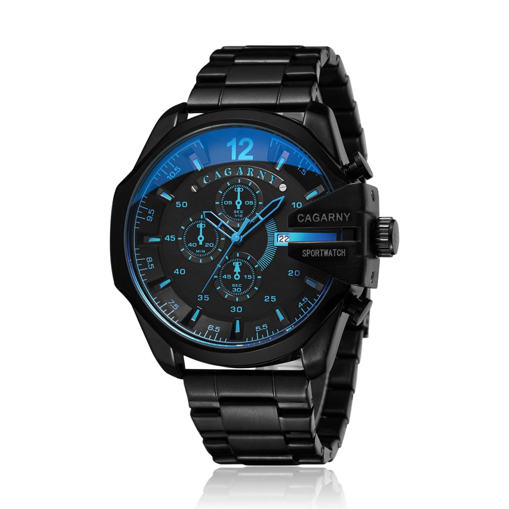 Cagarny Mens Quartz Analog Watch Luxury Fashion Sport Wristwatch Waterproof Black Stainless Male Watches Clock Relogio Masculino