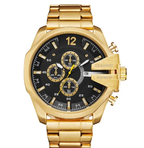 Cagarny Mens Quartz Analog Watch Luxury Fashion Sport Wristwatch Waterproof Black Stainless Male Watches Clock Relogio Masculino