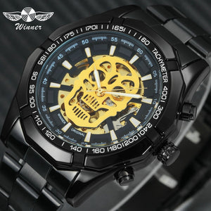 WINNER Steampunk Skull Auto Mechanical Watch Men Black Stainless Steel Strap Skeleton Dial Fashion Cool Design Wrist Watches