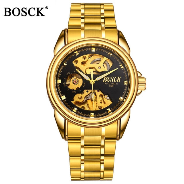 Bosck Brand Luxury Mechanical Men Watches Skeleton Automatic Gold Masculino Waterproof Self-winding Clock Stainless Steel Hombre
