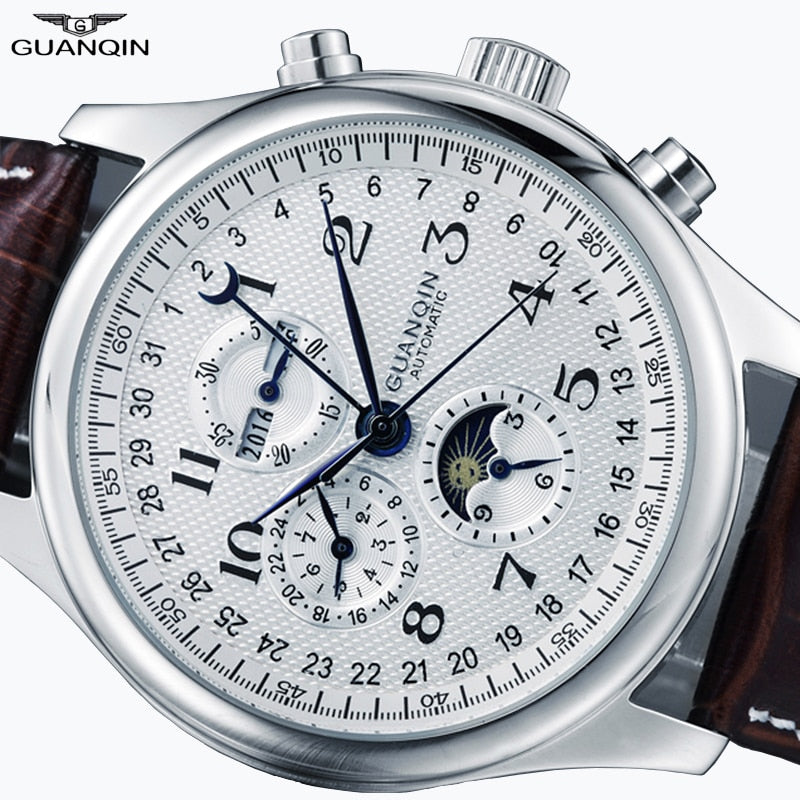 GUANQIN Relogio Masculino Automatic Mechanical Men Watches Waterproof Calendar Moon Leather Wristwatch otomatik erkek saat