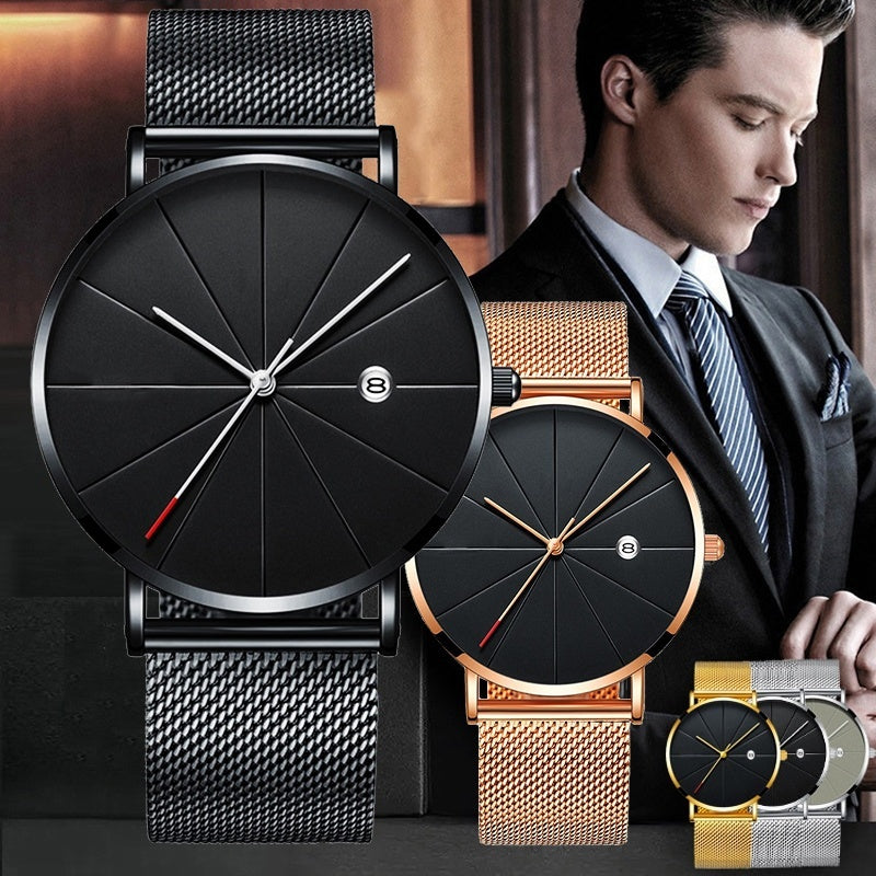 Sports Mens Watches Business Leisure Quartz WristWatch Stainless Steel Mesh Strap Ultra Thin Dial Date Clock Relogio Masculino